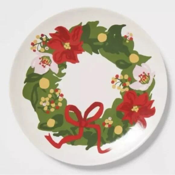 Threshold Set of 4 Christmas Stoneware Appetizer Plate Poinsettia Wreath 7.5" - Picture 1 of 4